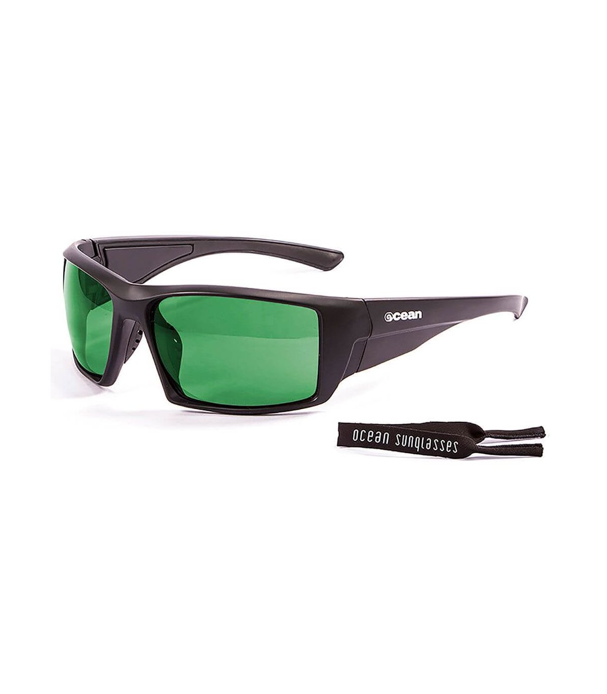 Gafas de sol deportivas Ocean Aruba Shiny Black con lentes polarizadas verdes Revo Green y patillas flotantes.