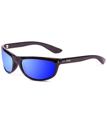 Gafas de sol Ocean Periscope Shiny Black Revo Blue, montura negra brillo y lentes smoke polarizadas.