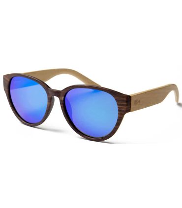 Gafas de sol Ocean Cool Dark Brown Blue, montura de madera marrón oscuro y lentes azul espejo.
