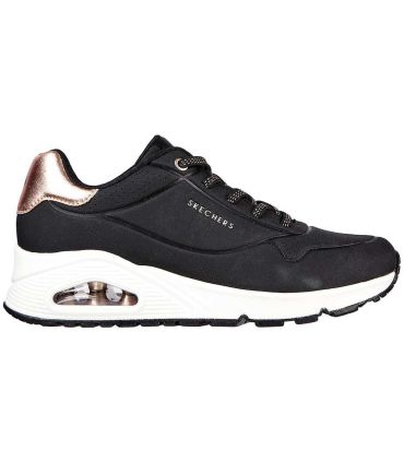 Zapatillas Skechers Uno Shimmer Away negras de mujer con detalles metalizados y cámara de aire visible Skech-Air.