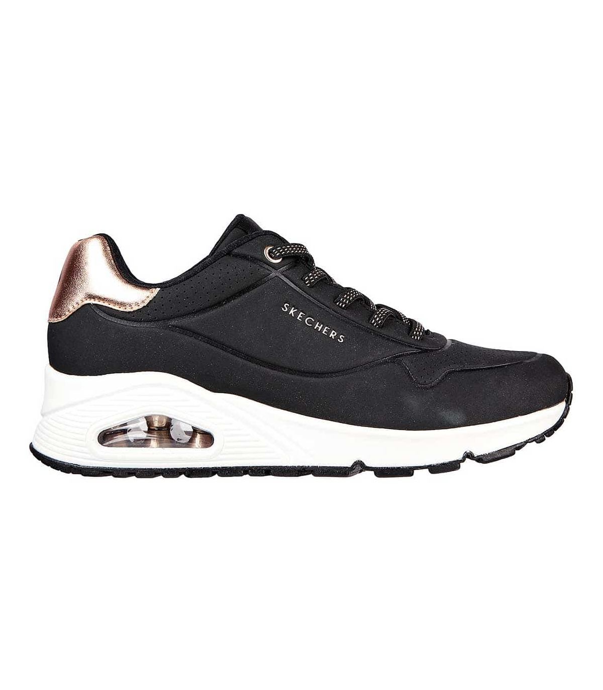 Zapatillas Skechers Uno Shimmer Away negras de mujer con detalles metalizados y cámara de aire visible Skech-Air.