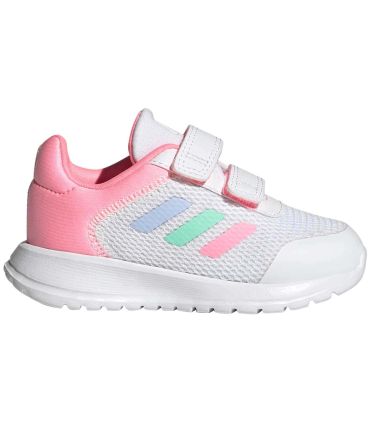 Zapatillas Adidas Tensaur Run 2.0 CF I blancas para bebé con cierre de velcro y diseño deportivo.