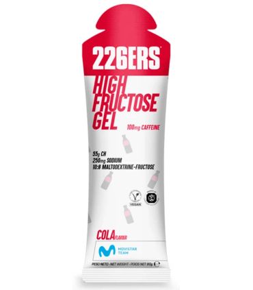 Gel energético 226ERS High Fructose sabor Cola con 55g de carbohidratos, apto para veganos y sin gluten.