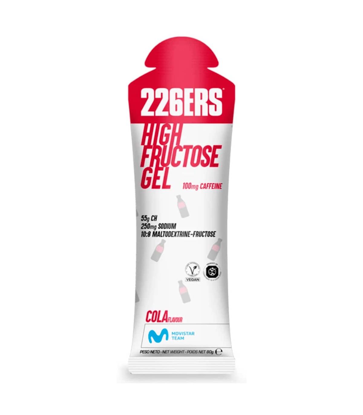 Gel energético 226ERS High Fructose sabor Cola con 55g de carbohidratos, apto para veganos y sin gluten.