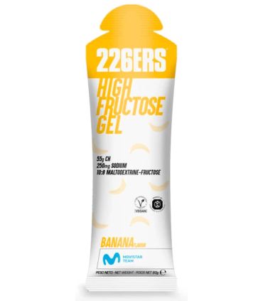 Gel energético 226ERS High Fructose sabor plátano, 55g de carbohidratos, sin gluten y vegano para alto rendimiento.