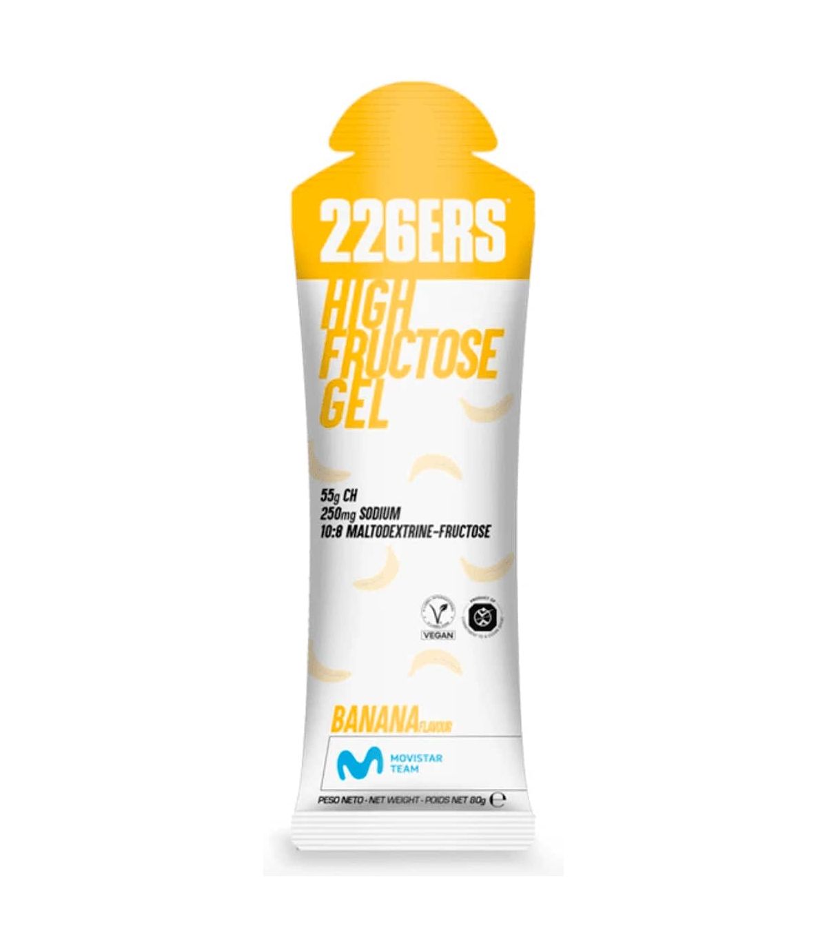 Gel energético 226ERS High Fructose sabor plátano, 55g de carbohidratos, sin gluten y vegano para alto rendimiento.