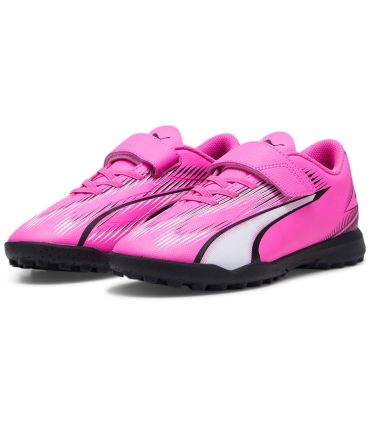 Zapatillas de fútbol Puma Ultra Play TT Velcro Jr rosa para niños, multitaco con cierre de velcro.