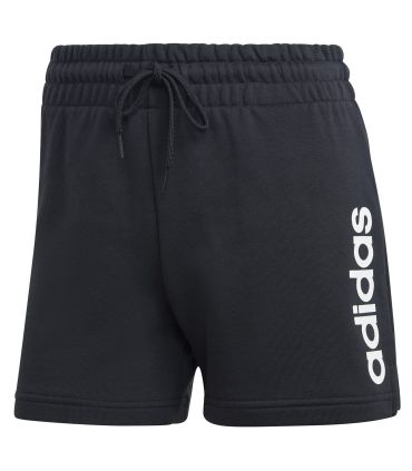 Pantalón corto Adidas Essentials Linear French Terry negro para mujer con logo y cintura elástica ajustable.