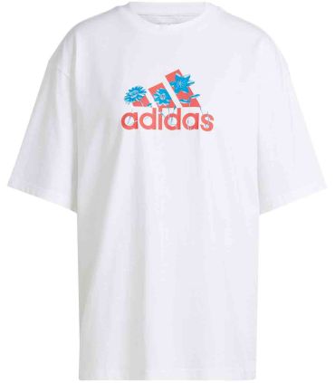 Camiseta Adidas beige para mujer con logotipo floral Badge of Sport y corte entallado de algodón.