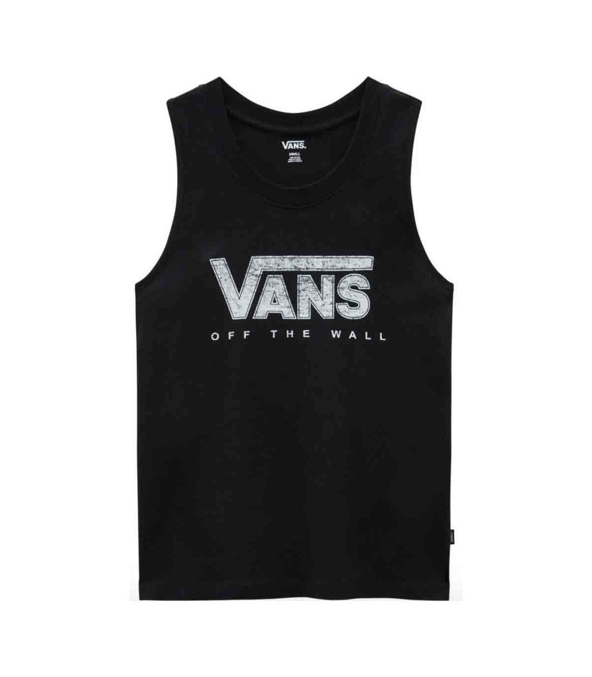 Camiseta Vans Checker Impact Muscle-B mujer negra, diseño sin mangas de corte casual.