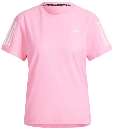 Camiseta de running Adidas Own The Run W rosa para mujer con tecnología AEROREADY y elementos reflectantes.