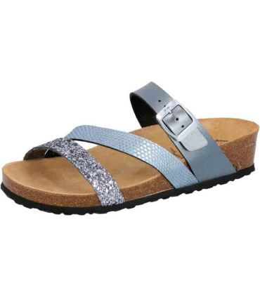 Sandalias Lico Natural Glitter Antracita para mujer con plantilla anatómica de corcho y hebillas.