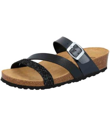 Sandalias negras Lico Natural Glitter para mujer con plantilla ergonómica y detalles brillantes.