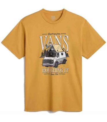 Camiseta Vans Roughin It Ss Crew ocre para hombre, estilo casual de manga corta y cuello redondo.