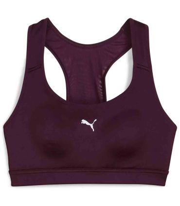 Sujetador deportivo Puma 4Keeps Mid Impact granate con tecnología dryCELL para running y fitness.