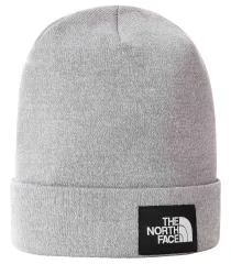 Gorro The North Face Dock Worker gris claro de punto acanalado y poliéster reciclado con ajuste amplio.