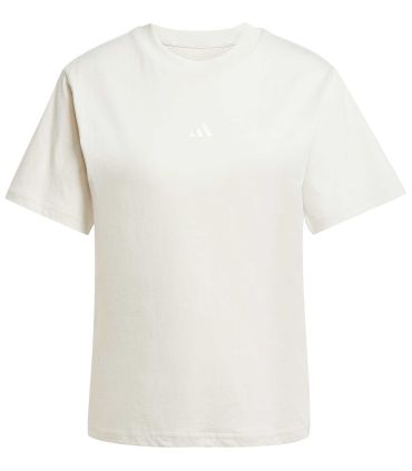 Camiseta Adidas Small Logo Sj mujer beige, tejido de punto suave y diseño minimalista para uso diario y deportivo.