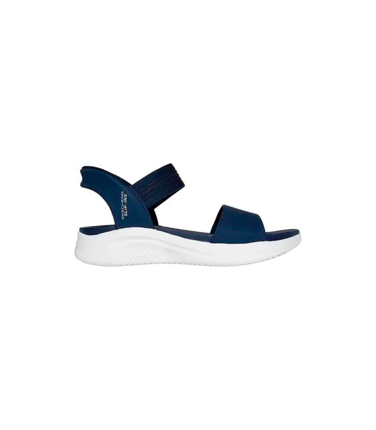 Sandalia Skechers Slip Ins Ultra Flex 3.0 Summerville azul marino con tecnología Hands Free y plantilla Yoga Foam.