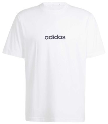 Camiseta Adidas Essentials Linear Single de cuello redondo con logotipo lineal en el pecho, estilo deportivo casual.