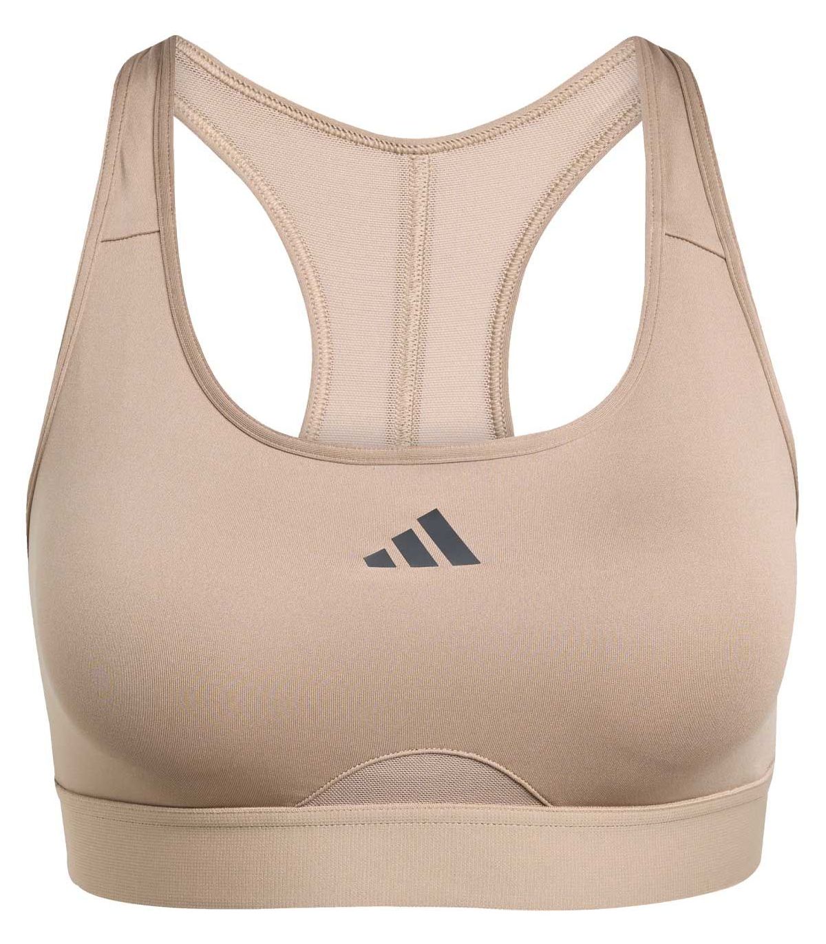 Sujetador deportivo Adidas Powerreact Marcal beige de alto impacto con ajuste de compresión para running y HIIT.