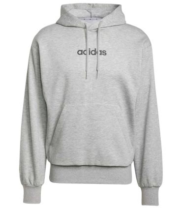 Sudadera Adidas Lin Fl Hd gris para hombre con capucha ajustable y logotipo frontal deportivo.