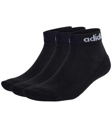 Pack de 3 calcetines tobilleros Adidas Linear Cushioned negros con amortiguación estratégica para entrenamiento.