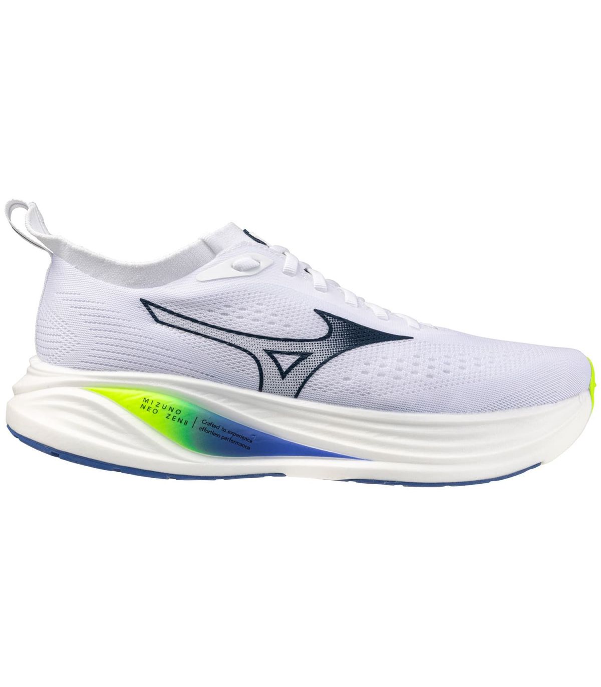Zapatillas Mizuno Neo Zen 2 blancas para running en asfalto, diseño ligero con malla transpirable y pisada neutra.