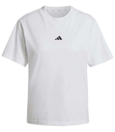 Camiseta Adidas Essentials Small Logo blanca de mujer en algodón suave para deporte y estilo urbano minimalista.