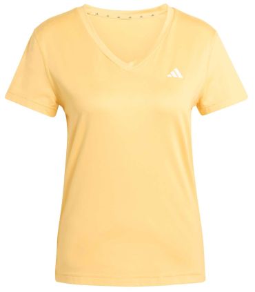 Camiseta de running Adidas amarilla para mujer con cuello en V y tejido técnico transpirable.