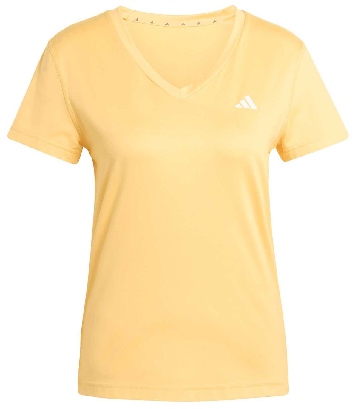 Camiseta de running Adidas amarilla para mujer con cuello en V y tejido técnico transpirable.