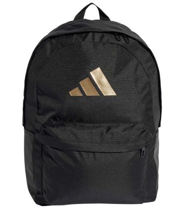 Mochila negra Adidas Classic con logotipo 3 Bar frontal, capacidad 27 litros y estilo deportivo minimalista.
