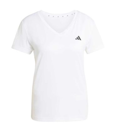 Camiseta técnica Adidas para mujer con cuello de pico y tejido transpirable de entrenamiento.