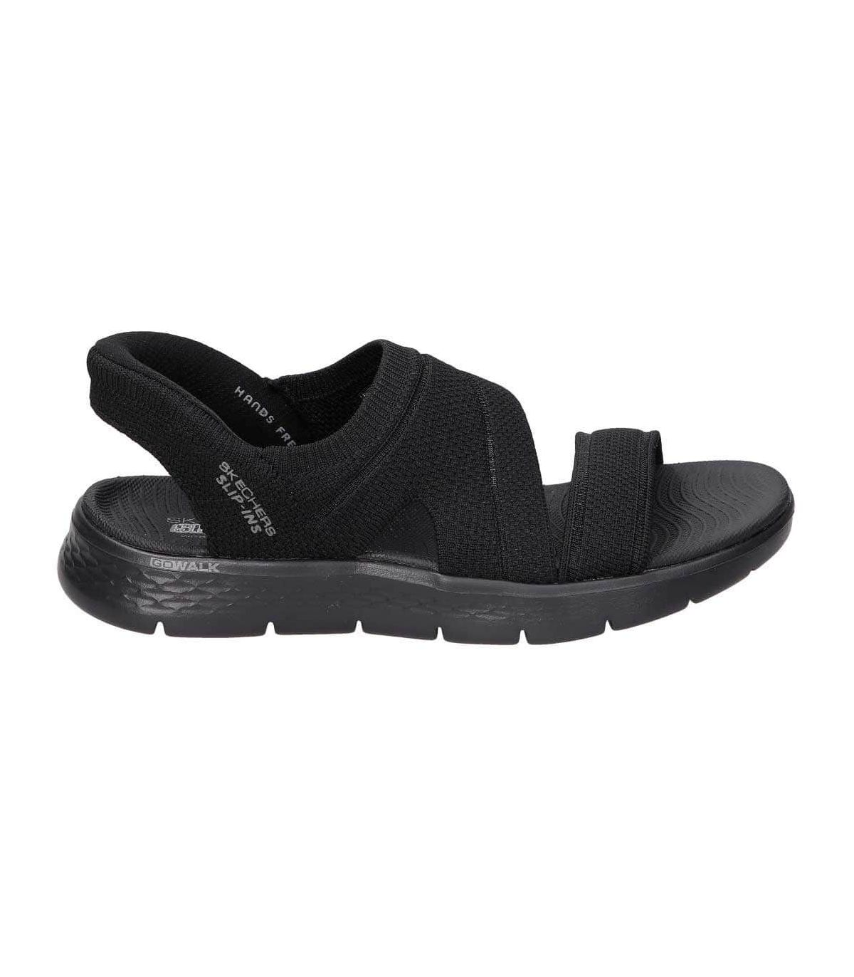 Sandalias Skechers Slip Ins Enticing negras con tecnología Hands Free para calzado sin manos.
