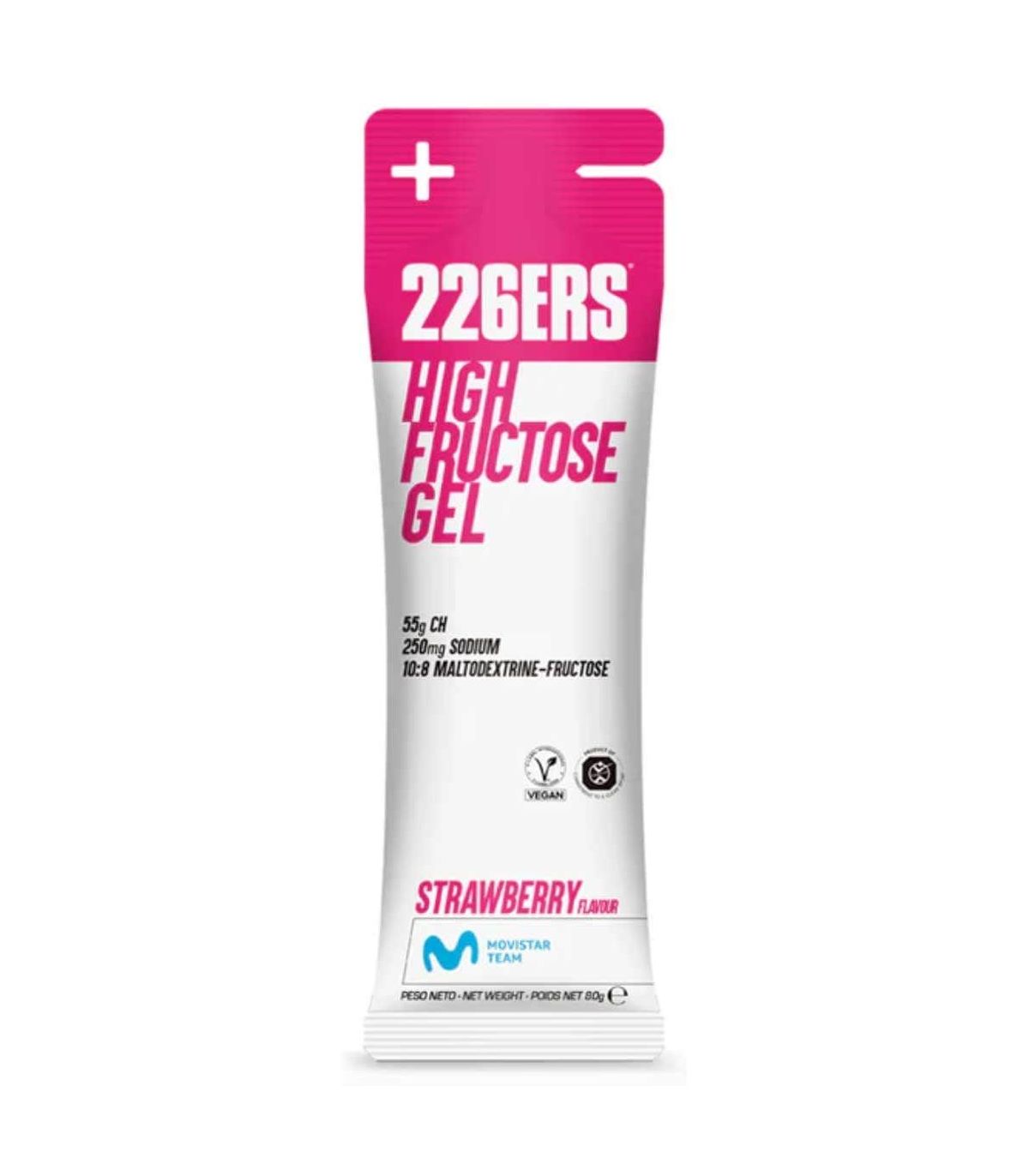Gel energético 226ERS High Fructose sabor fresa con 80g de carbohidratos para deportistas de resistencia.