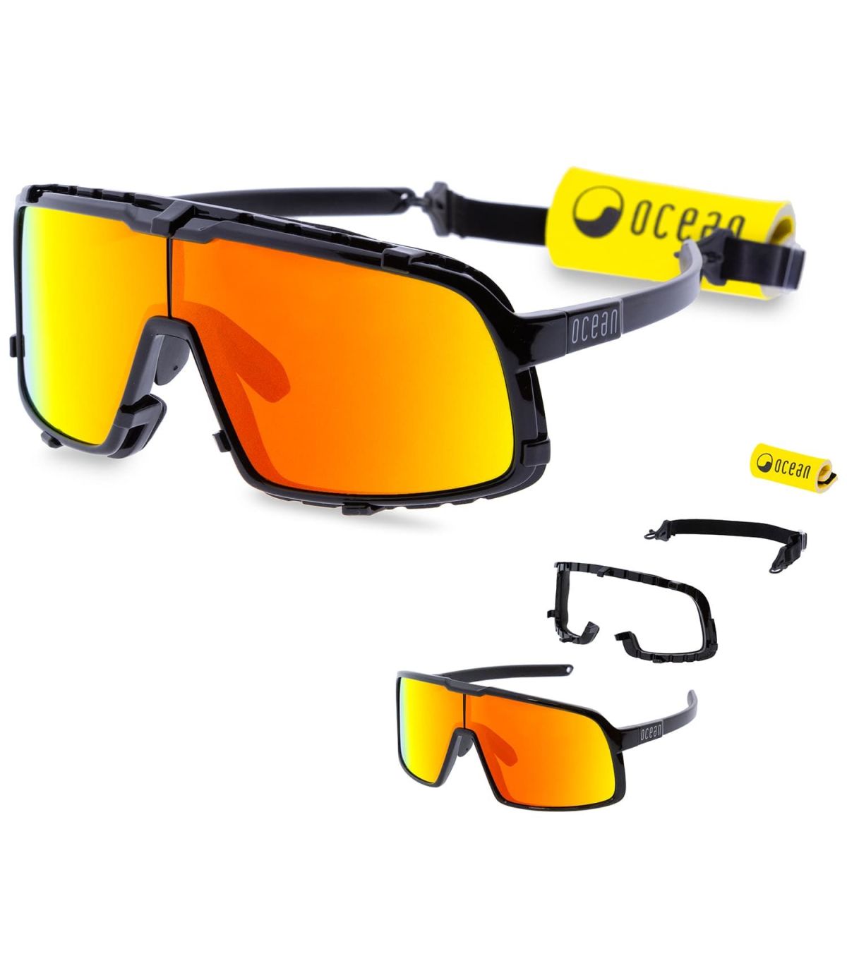Gafas de sol polarizadas deportivas Ocean Leu con montura negra y lentes de espejo rojo Revo.