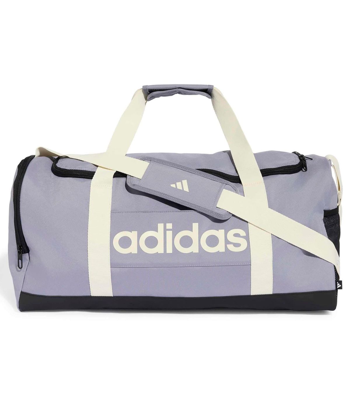 Bolsa de deporte mediana Adidas Linear morada con asas reforzadas y correa ergonómica para gimnasio